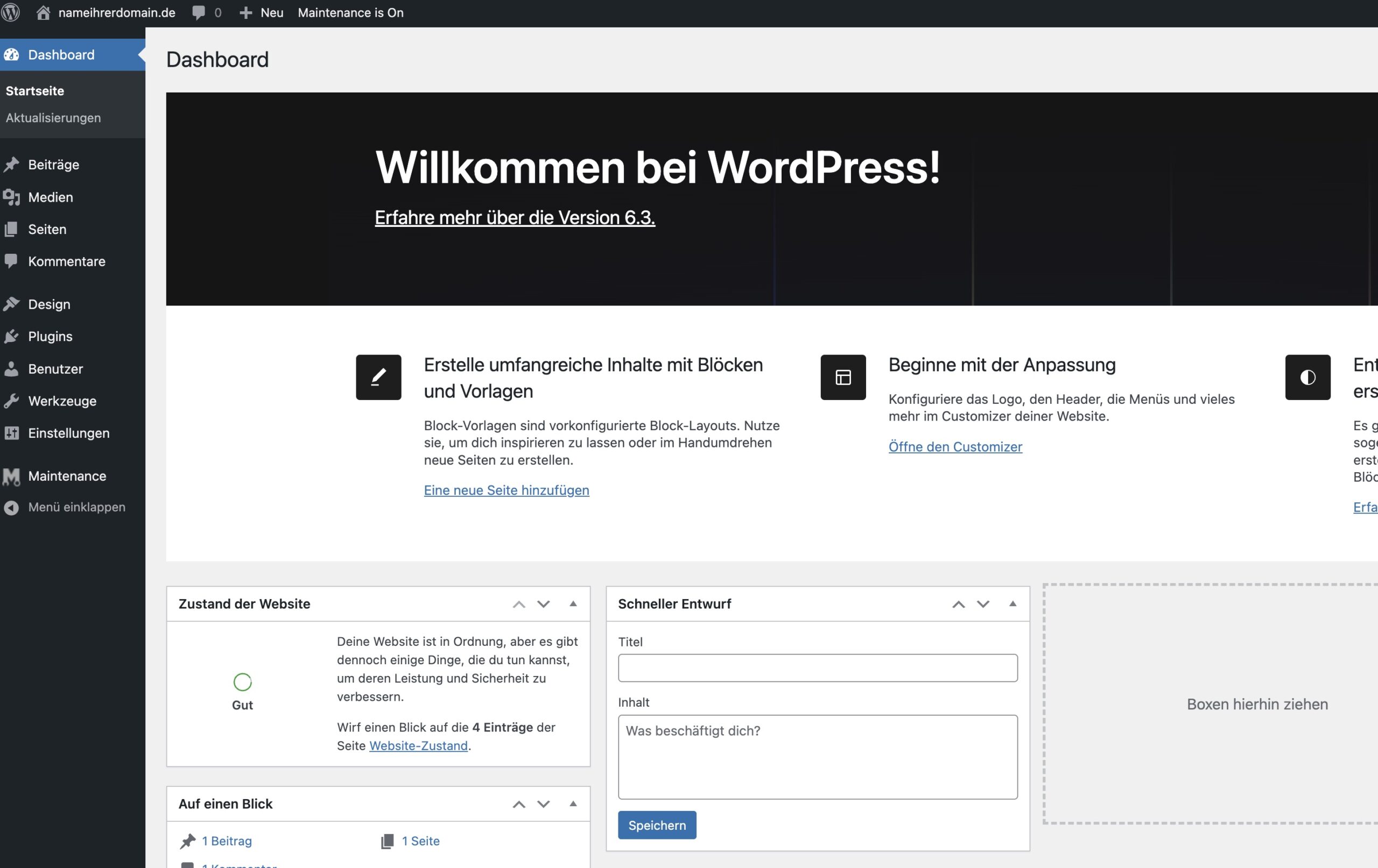 Bei WordPress anmelden, Dashboard nach Login