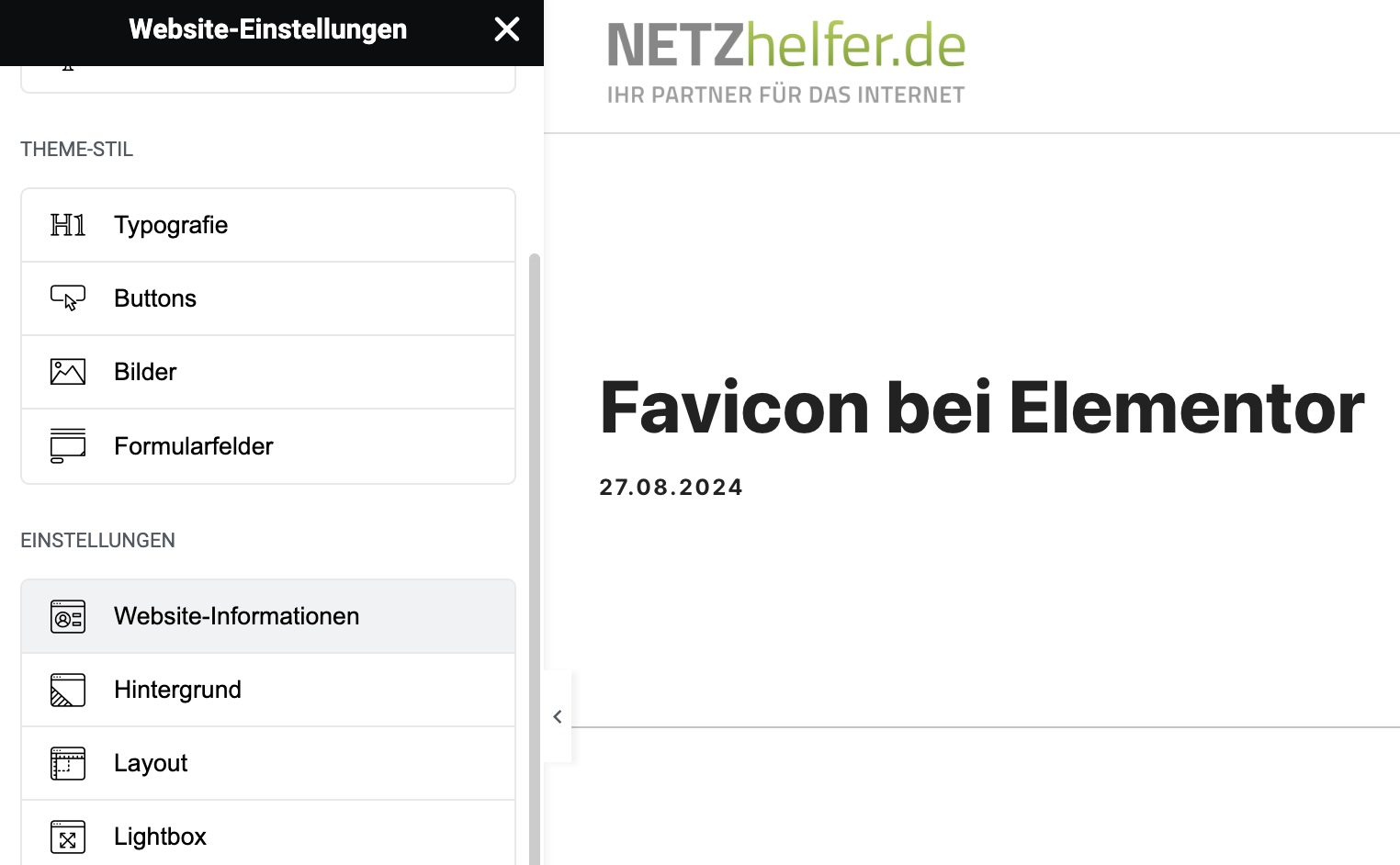 In Elementor auf Website Informationen klicken