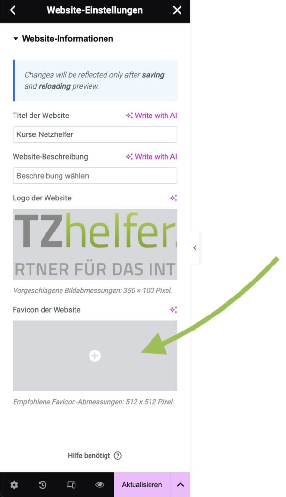 Favicon in Elementor hochladen