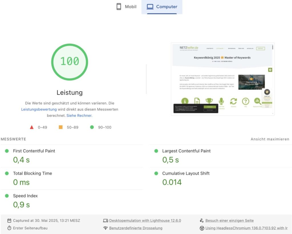 Keywordkönig PageSpeed Insights Score Desktop