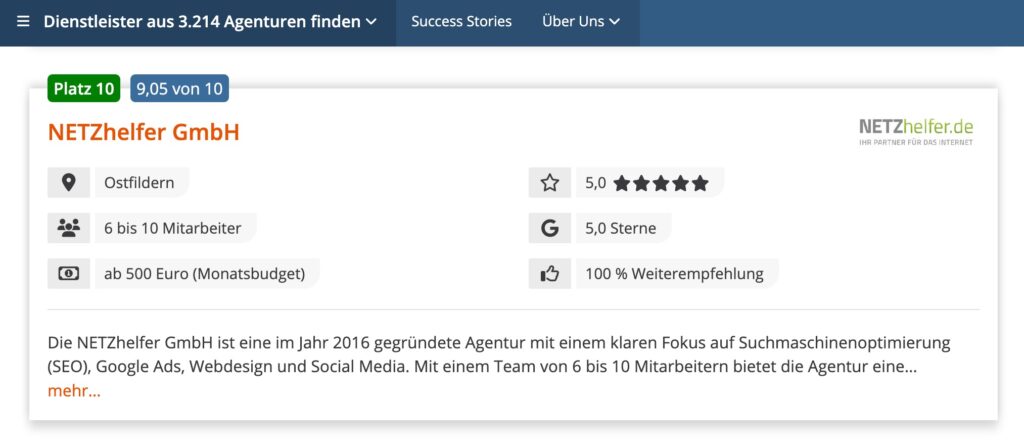 Top 10 SEO-Agentur Auszeichnung von Agenturtipp.de in 2025